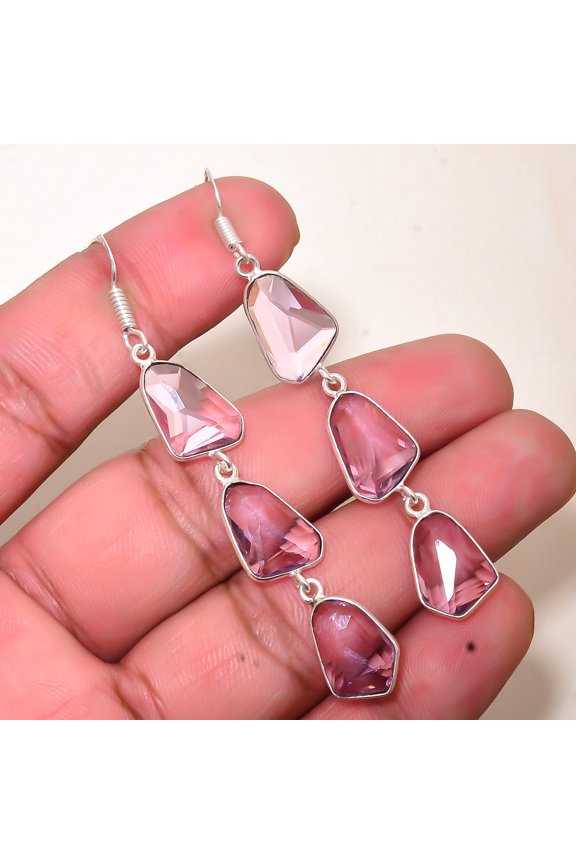 Pink Kunzite Gemstone 925 Sterling Silver Handmade Bezel Earring 2.69" E40
