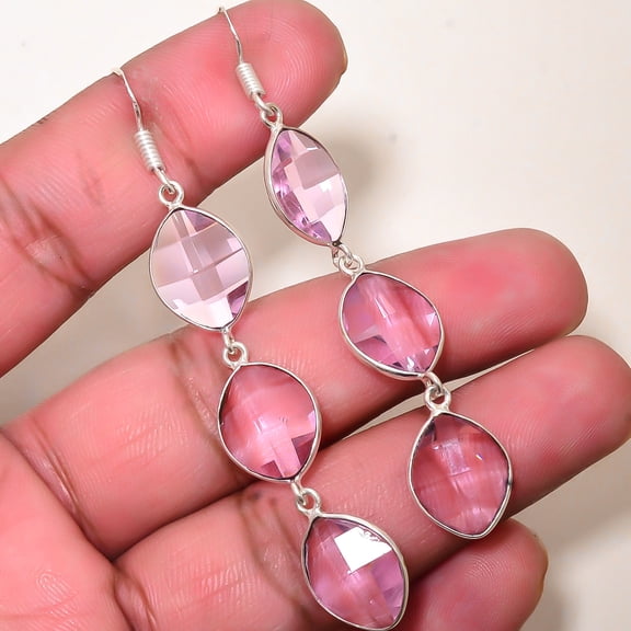 Pink Kunzite Gemstone 925 Sterling Silver Handmade Bezel Earring 2.73" E234