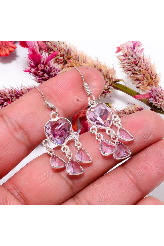 Pink Kunzite Gemstone 925 Sterling Silver Handmade Earring 1.68" E19