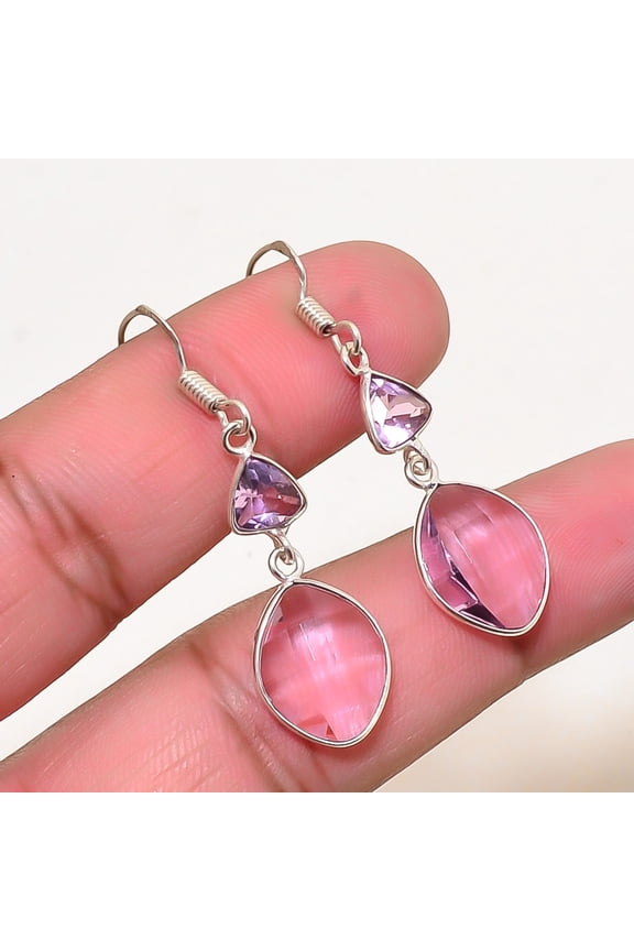 Pink Kunzite Gemstone 925 Sterling Silver Handmade Earring 1.76" E46