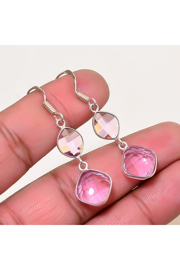 Pink Kunzite Gemstone 925 Sterling Silver Handmade Earring 1.79" E37