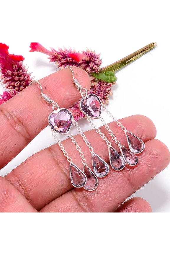 Pink Kunzite Gemstone 925 Sterling Silver Handmade Earring 2.15" E78
