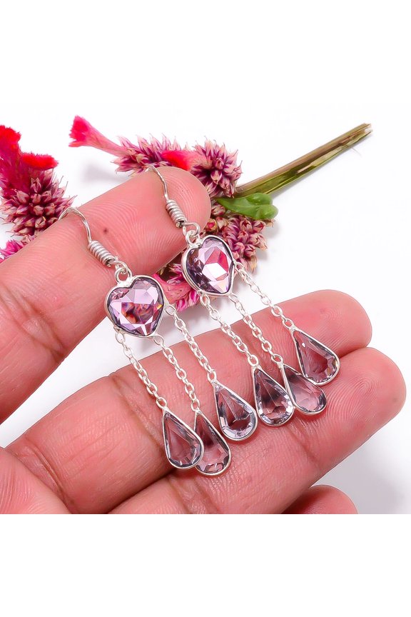Pink Kunzite Gemstone 925 Sterling Silver Handmade Earring 2.15" E81