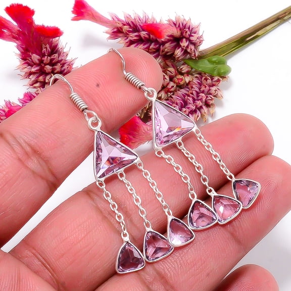 Pink Kunzite Gemstone 925 Sterling Silver Handmade Earring 2.22" E85