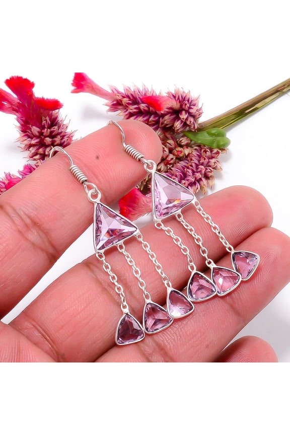 Pink Kunzite Gemstone 925 Sterling Silver Handmade Earring 2.22" E85