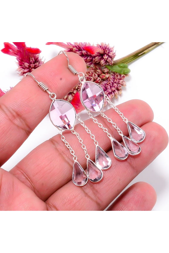 Pink Kunzite Gemstone 925 Sterling Silver Handmade Earring 2.34" E76