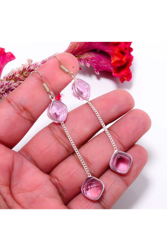 Pink Kunzite Gemstone 925 Sterling Silver Handmade Earring 2.93" E84