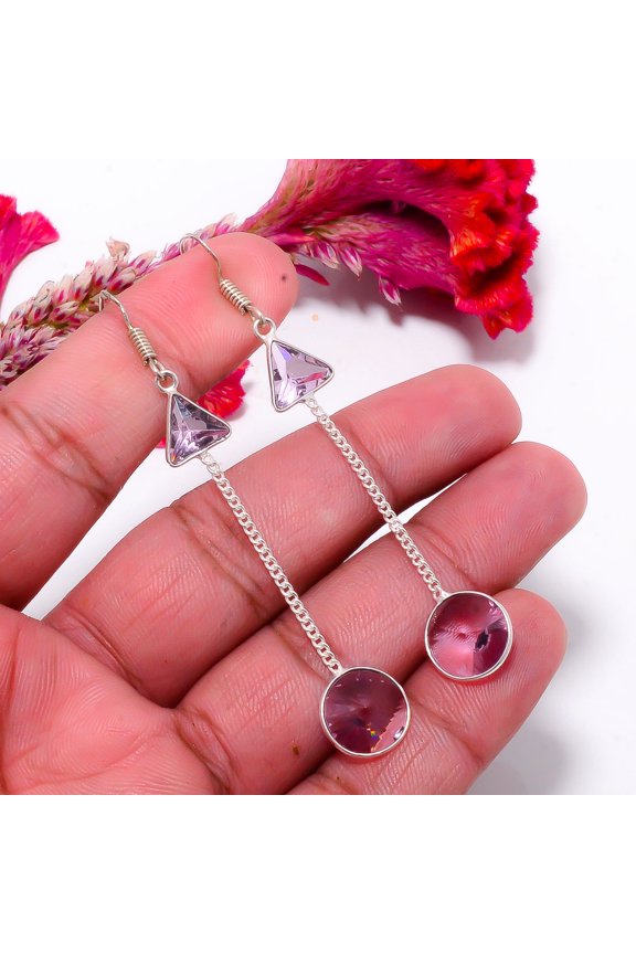Pink Kunzite Gemstone 925 Sterling Silver Handmade Earring 2.93" E86