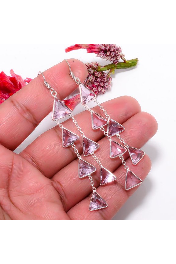 Pink Kunzite Gemstone 925 Sterling Silver Handmade Earring 3.20" E18