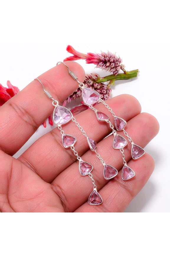 Pink Kunzite Gemstone 925 Sterling Silver Handmade Earring 3.39" E21