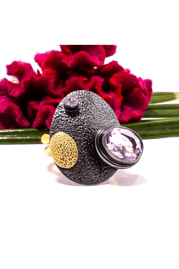 Pink Kunzite Gemstone Black And Gold Plated 925 Sterling Silver Ring s.6.5 Sku57, Pink Ring, Gemstone Ring