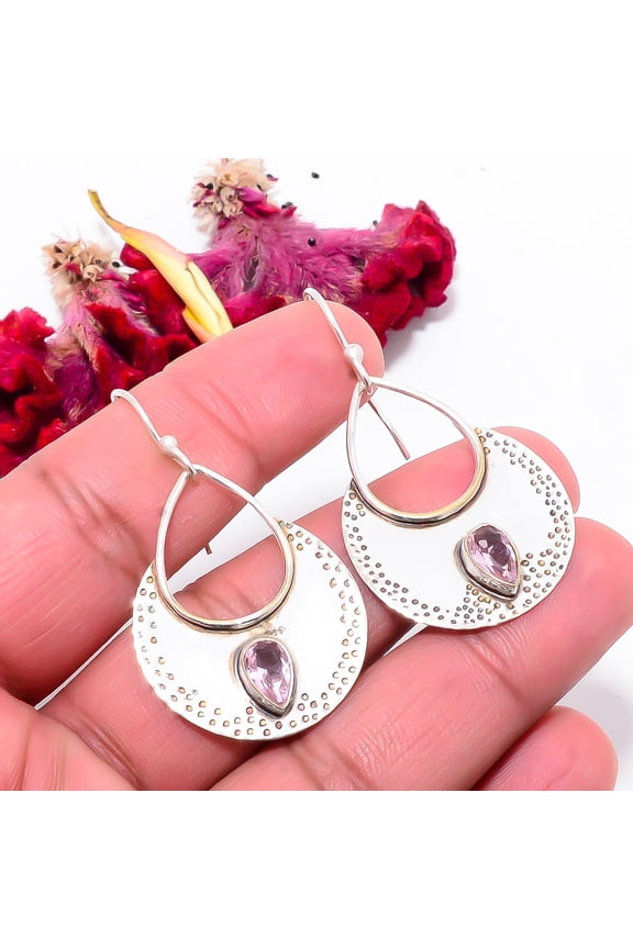 Pink Kunzite Gemstone Designer Handmade 925 Sterling Silver Earring 1.87" Sku59, Handmade Jewelry, Dangle Earring