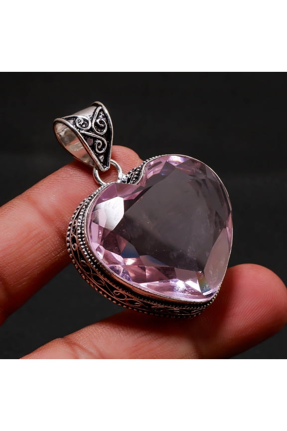 Pink Kunzite Gemstone Pendant Handmade Antique Heart Shape Vintage Jewelry 1.90"