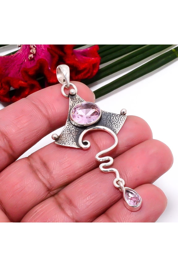 Pink Kunzite Oxidised Designer Gemstone 925 Sterling Silver Pendant 2.54" Sku38, Pink Pendant, Gemstone Pendant