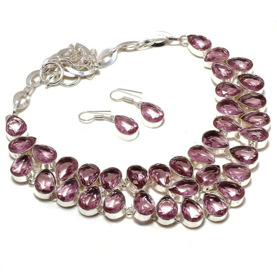 Pink Kunzite Pear Shape Gemstone Handmade Antique Gift Jewelry Necklace+Earrings