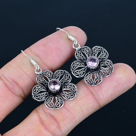 Pink Kunzite Round Gemstone 925 Sterling Silver Jewelry Earrings 1.77" VJ 5371