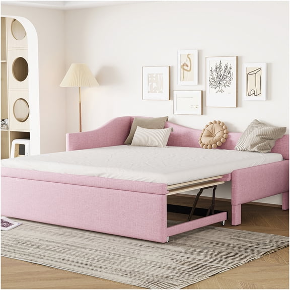 Pink L-Shaped Daybed with Pop-Up Trundle, Converts from Twin to King Size, Upholstered Sofa Bed for Space Saving
