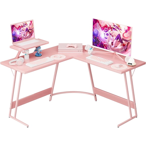 Pink L Shaped Gaming Desk Computer Corner PC Desk Table with Large Monitor Stand for Home Office Studying Writing Workstation, Gift for Girls and Women (Pink, 47 Inch)