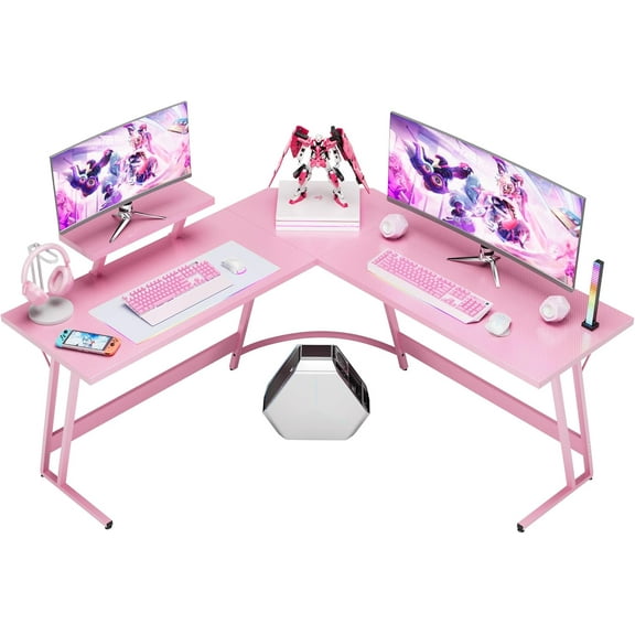 Pink L Shaped Gaming Desk Computer Corner PC Desk Table with Large Monitor Stand for Home Office Studying Writing Workstation, Gift for Girls and Women (Pink, 51 Inch)