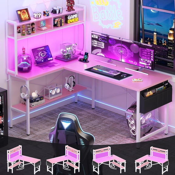 Pink L-Shaped Gaming Desk With LED Lighting, Shelves, Power Outlet & CPU