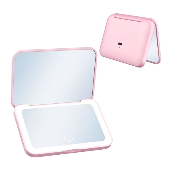 Pink LED Makeup Mirror - USB Rechargeable Portable Mini Vanity Mirror with 3 Color Light Modes, Dimmable Touch Screen, Magnifying Folding Travel Mirror for Makeup, Dorm & Office