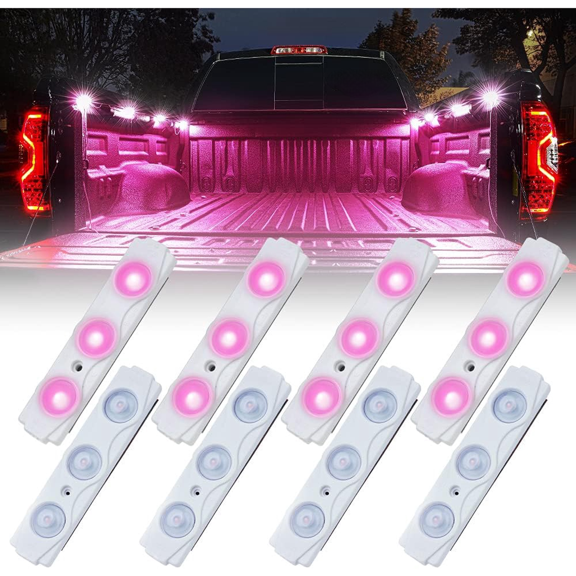 Pink LED Truck Bed Light Kits with On/Off Switch, for Pickup Exterior Interior Rock Neon Lights, Footwells, Running Boards, Cargo, Underglow, Tonneau Cover, Rail Lighting - 8 PCs