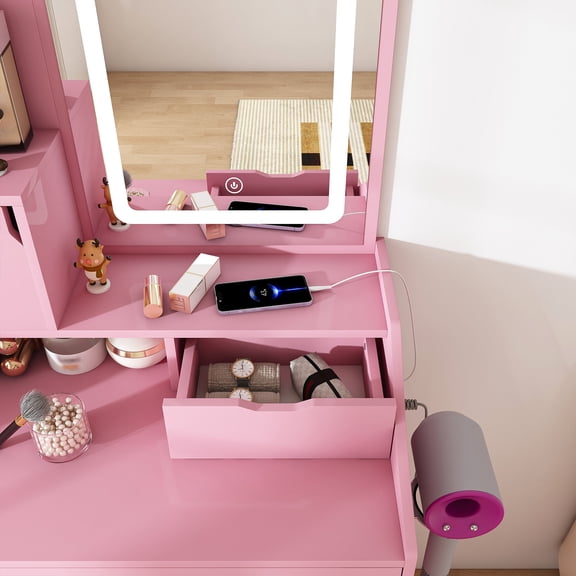 Pink LED Vanity Mirror with Stool, Dressing Table for Bedroom with 2 Drawers & 5 Storage Cabinets, Adjustable Lighting, Space Saving Makeup Station with USB Ports and Hair Dryer Holder, MDF, 23.62L x