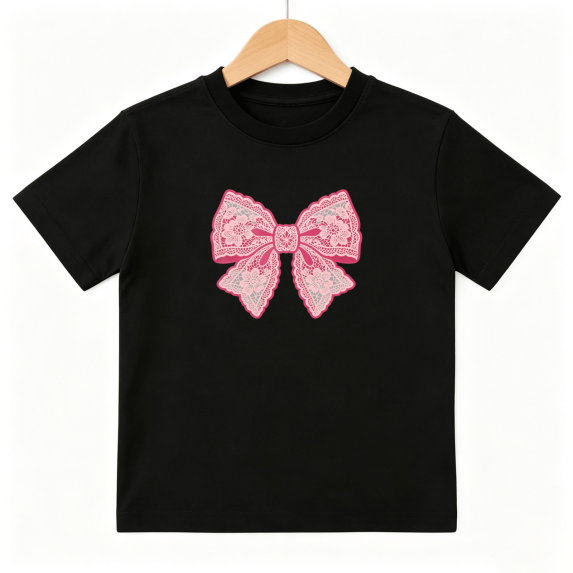 Pink Lace Bow Girls Graphic Tee, Cute Princess Ribbon Retro 100% Cotton Kids Short Sleeve T-Shirt