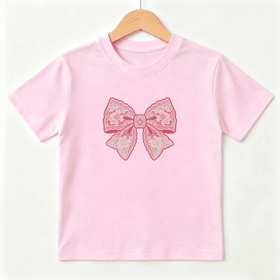 Pink Lace Bow Girls Graphic Tee, Cute Princess Ribbon Retro 100% Cotton Kids Short Sleeve T-Shirt