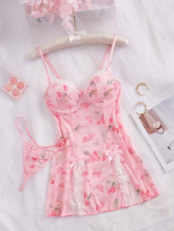 Pink Lace Cami Sleep Lingerie Dress Set - Walmart.com