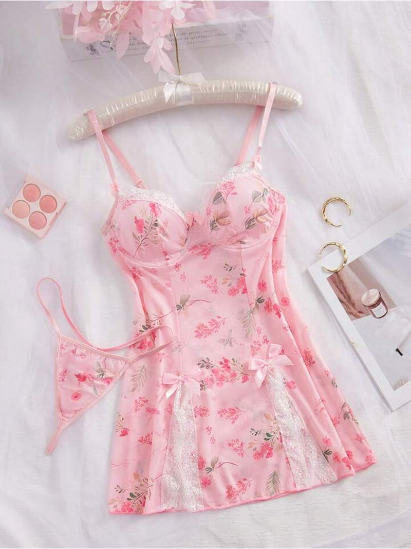 Pink Lace Cami Sleep Lingerie Dress Set - Walmart.com