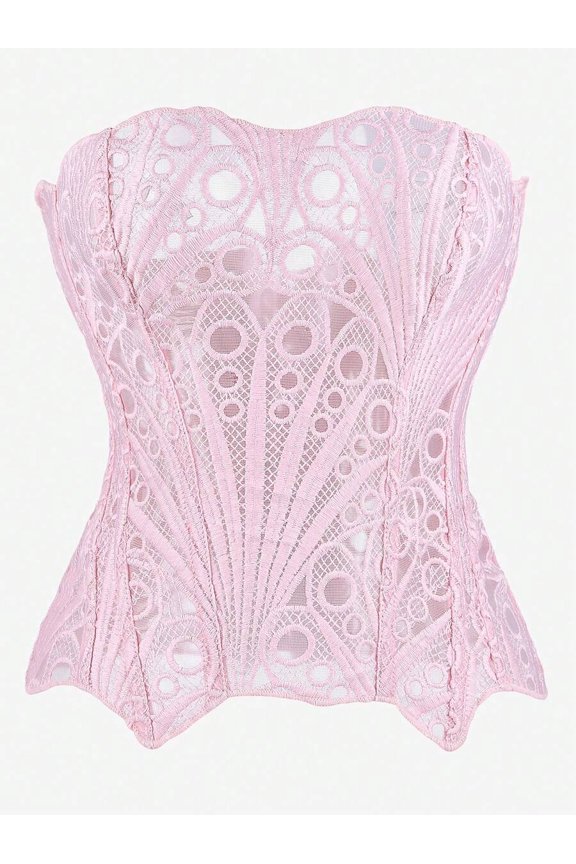 Pink Lace Corset Top Strapless Bustier With Cutout Floral Pattern Slim Fit