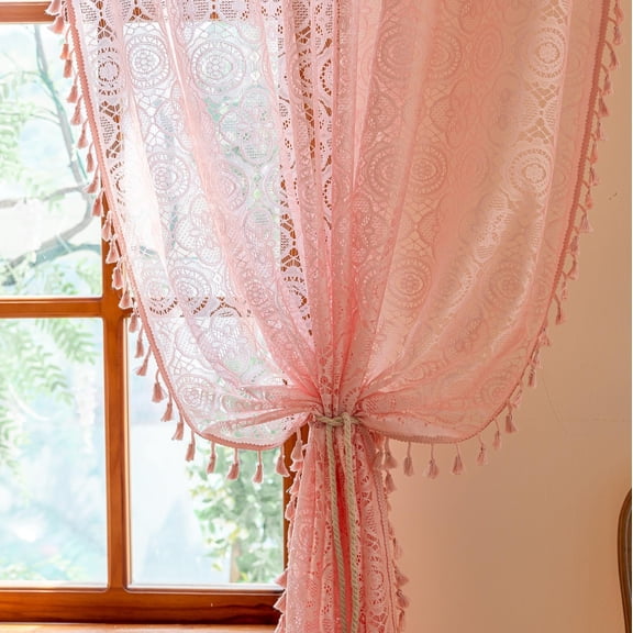 Pink Lace Curtains 84 Inches Long 2 Panels Crochet Curtains for Girls Room Nursery Living Room Pretty Floral Patterned Princess Drapes Tassels Light Filtering Valentine's Decor 59" W x 84" L Y101