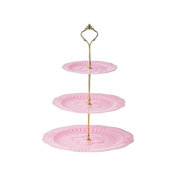 Pink Lace Edged Three Tier Fruit Snack Stand With Embossed Pattern And Gold Metal Rod For Cake Tray Living Room Coffee Table Pink 13.8X9.8X9.8 Inches