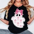 thumbnail image 1 of Pink Lace Ghost Halloween T-Shirt, Cute Boo Ghost, Girly Pink Pumpkin Bow, Coquette Spooky Season Shirt, 1 of 5