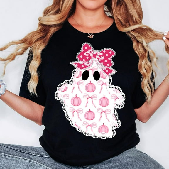 Pink Lace Ghost Halloween T-Shirt, Cute Boo Ghost, Girly Pink Pumpkin Bow, Coquette Spooky Season Shirt