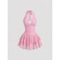 thumbnail image 1 of Pink Lace Halter Neck Ruched Peplum Mini Dress For Women, 1 of 7