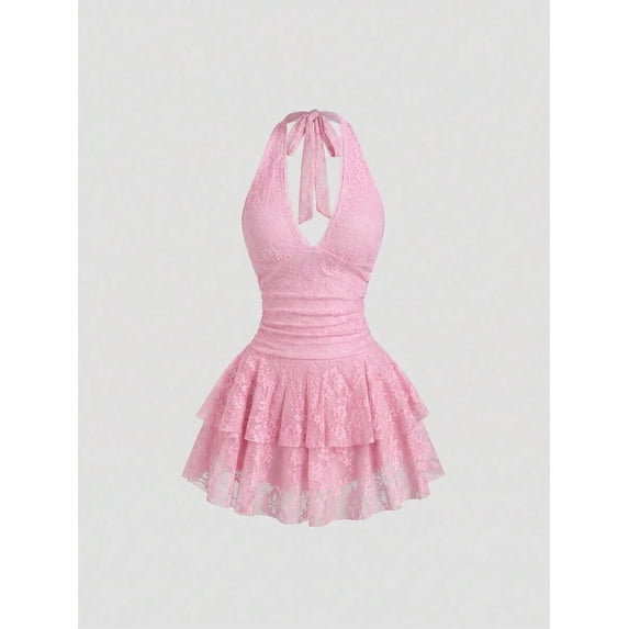 Pink Lace Halter Neck Ruched Peplum Mini Dress For Women