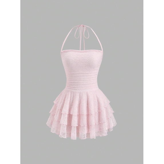 Pink Lace Halter Neck Tiered Mini Dress For Women, Sweet & Youthful Style