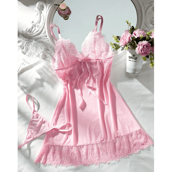 Pink Lace Lingerie Slip Nightdress Set Coquette Style