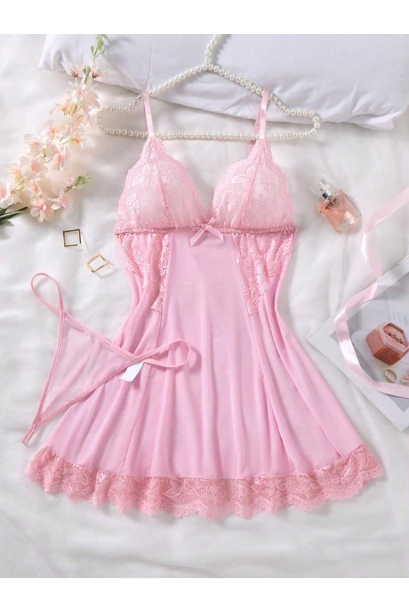Pink Lace & Mesh Chemise Sleep Dress With G-String, V-Neck Backless