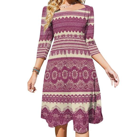 Pink Lace Pattern Fabric-1 Women's Fall Dresses Casual Loose Flowy Swing Shift Dress