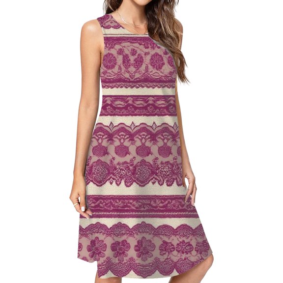 Pink Lace Pattern Fabric Casual Sleeveless Loose Sundress Dress For Women Summer Dress Daily Woman