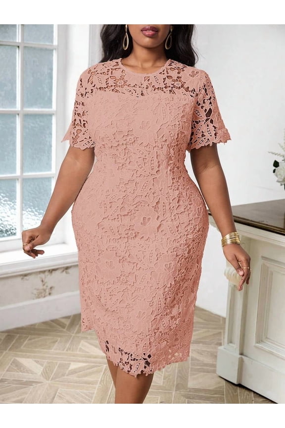 Pink Lace Sheath Dress With Short Sleeves And Round Neck For Elegant Occasions