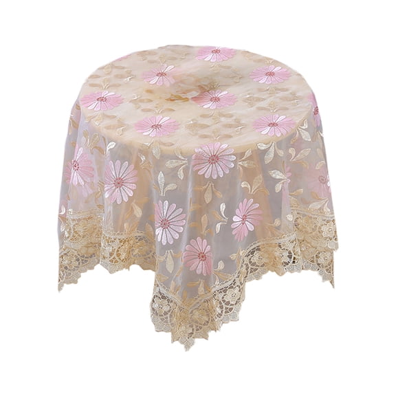 Pink Lace Tablecloth 85x85 cm, Embroidered Gauze Cover for Dining Table, Coffee Table, Bedside, Modern Home Decor
