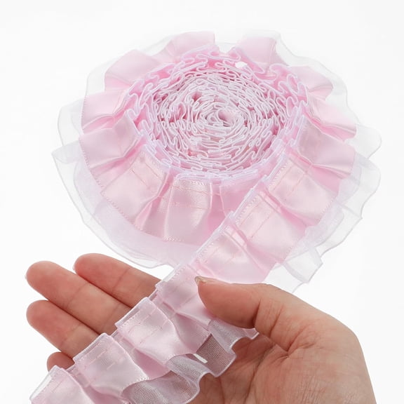 Pink Lace Trim, 6y 2-Layer Pink Lace Ruffled Ribbon, Satin Organza Pleated Edging Trimmings Ruffle Ribbon, Ruffle Trim for Home, DIY, Sewing, Crafts, Costume(4.5cm6yard)