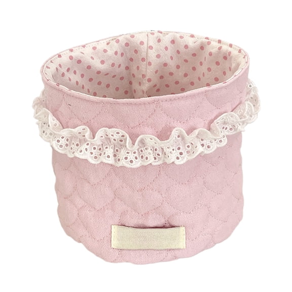 Pink Lace Trim Fabric Storage Basket, Foldable Decorative Desktop Bin, Multifunctional Organizer for Office, Makeup, Kitchen, Home Decoration, and Small Item Storage