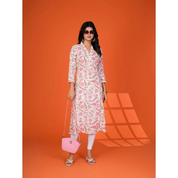Pink Lace Trimmed Floral Printed Pleated Kurti in Cotton Cambric