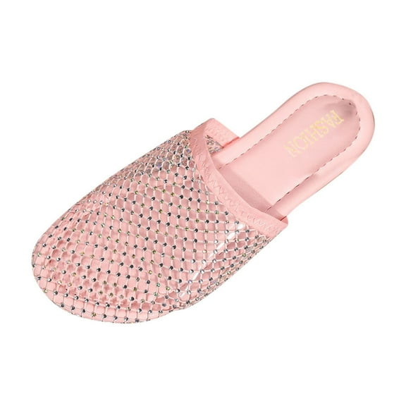 Pink Ladies Closed Toe Flat Sandals With Rhinestone And Round Toe For Casual Wear And Support Durable