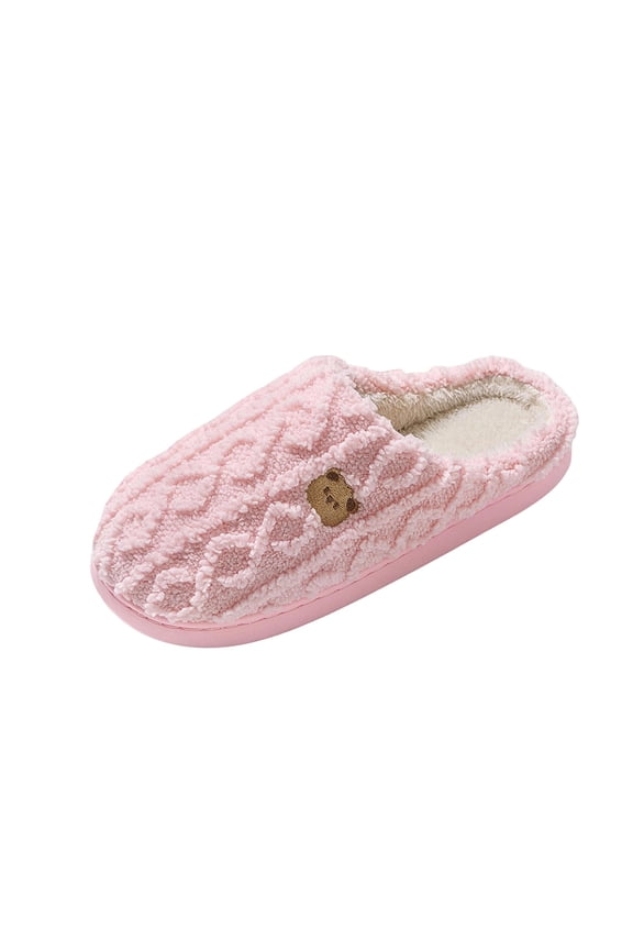 Pink Ladies Cute Bear Fleece Lined Slippers Warm Thick Sole Closed Toe Fall Winter Outdoor Indoor Cozy Friendly Nylon Spandex